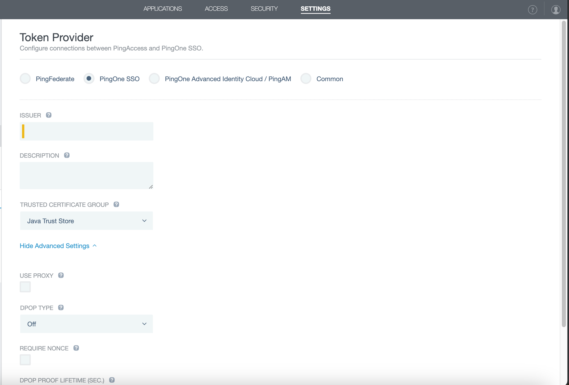 A screen capture of the Token Provider page.