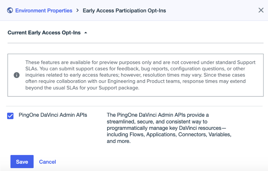 A screen capture of the Early Access Participation Opt-ins page with a feature selected.